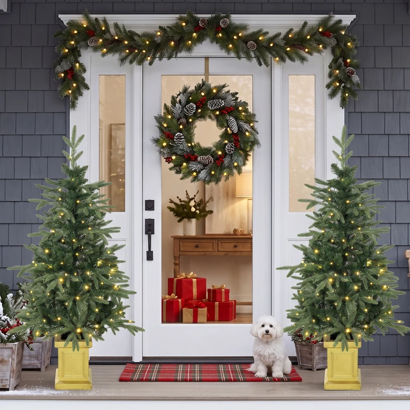 HOMCOM 4ft Prelit Christmas Tree with Dual-Color LEDs, Remote, Set of 2 Aspen Fir, Battery-Operated, 11 Modes, Decorative Pot