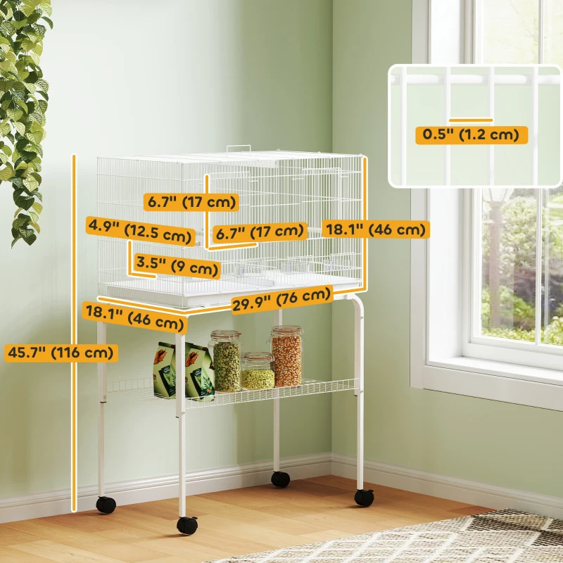 PawHut 46" H Bird Cage, Large Parakeet Cage for Budgie, Lovebird, Canary, Finches with Divider, White