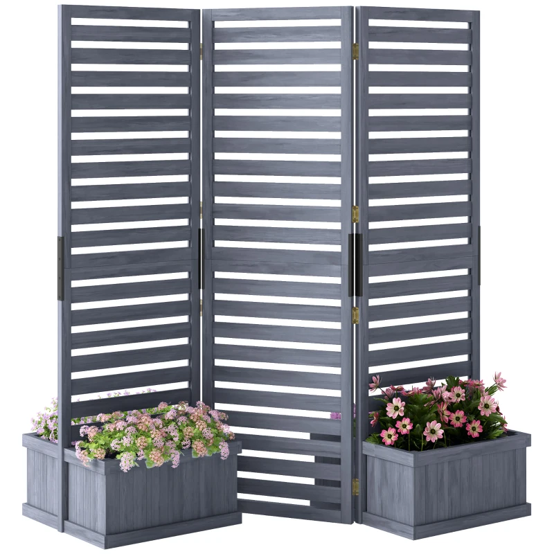 Outsunny Outdoor Privacy Screen Wood Privacy Panel with 4 Planter Boxes, Raised Bed with 3 Panels, Drainage Holes, Grey