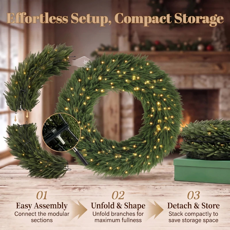 HOMCOM Christmas Decoration, 48 in Pre-Lit Norfolk Pine Artificial Christmas Wreath with 150 LED Lights, Green