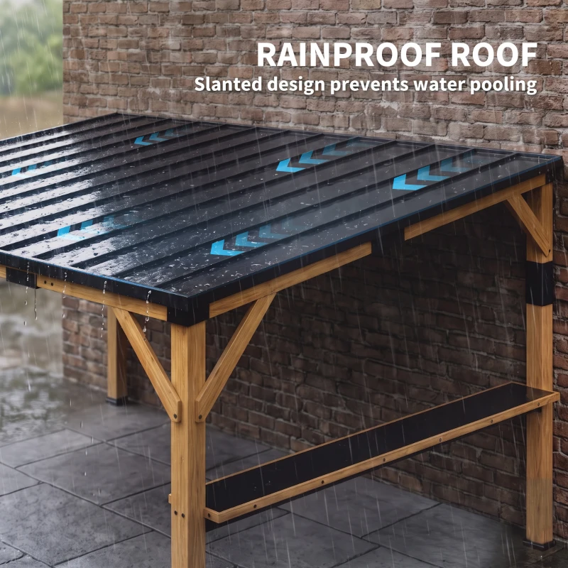 Outsunny 10' x 14' Wooden Gazebo, Hardtop Lean-to Gazebo Pergola with Galvanized Steel Sloped Roof, Bar Shelf, Natural Wood