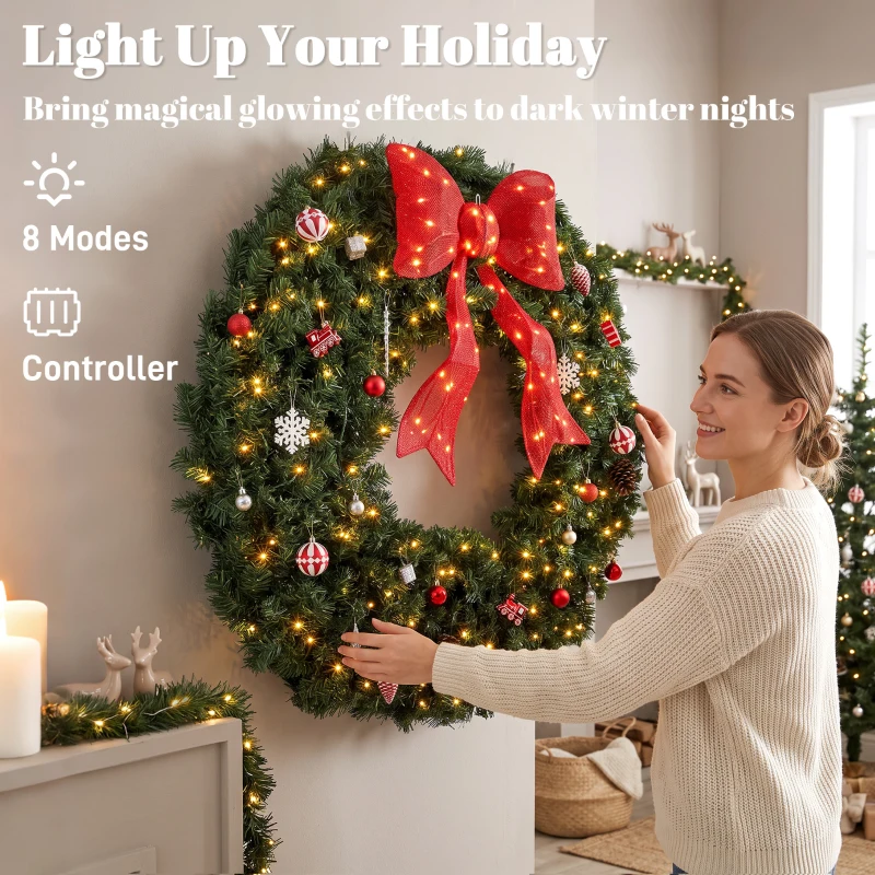 HOMCOM Artificial Xmas Wreath, 36 Inch Pre-Lit Christmas Wreath with 130 LED Lights, Lighted Bow and 21 Ornament Set, Green