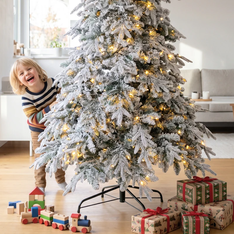 HOMCOM 6ft Prelit Flocked Christmas Tree, Downswept Hinged Xmas Tree with LED Lights, 8 Modes, Daily Timer, Remote