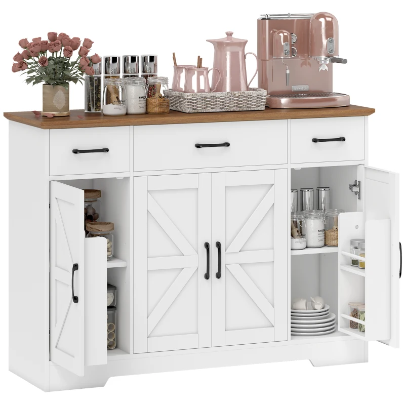 HOMCOM 47" Buffet Cabinet with Soft-Close Hinges, Farmhouse Sideboard with 3 Drawers, Adjustable Shelves and Spice Racks, White