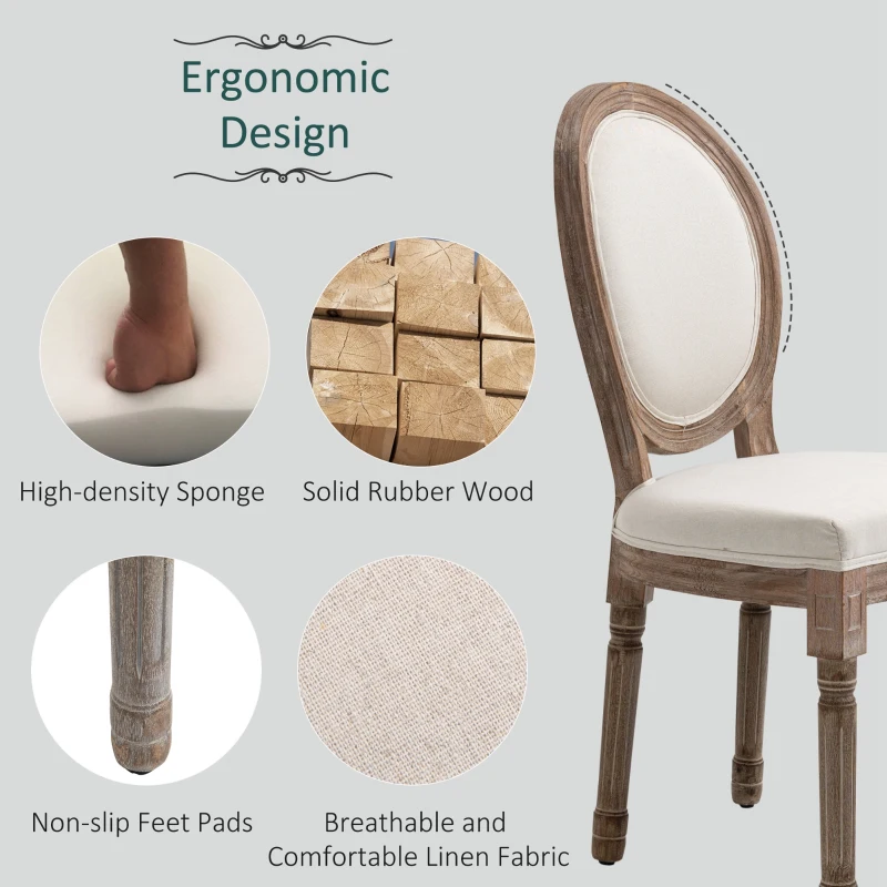 HOMCOM Vintage Armless Dining Chairs Set of 6, French Chic Side Chairs with Curved Backrest and Linen Upholstery for Kitchen, or Living Room, Cream White