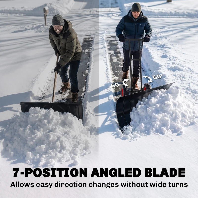 Outsunny Snow Shovel with Wheels, 29" Metal Snow Pusher with Adjustable Handle, 7-Angle Blade, Wear Strip for Driveway, Black