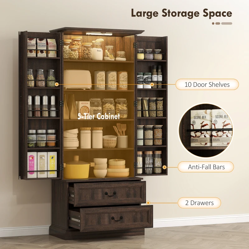 HOMCOM 72" LED Kitchen Pantry Cabinet, Buffet Storage Cabinet with 10 Door Shelves, 2 Drawers and Adjustable Shelves, Brown