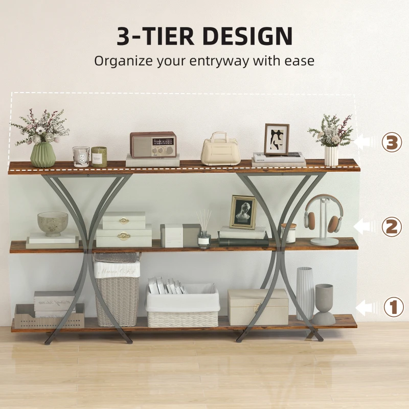 HOMCOM 71" Console Table, 3-Tier Industrial Entryway Table with 2 Storage Shelves for Living Room, Hallway, Rustic Brown