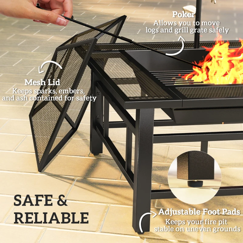 Outsunny 31.9" x 31.9" x 27.8" 2-in-1 Outdoor Fire Pit Firepit with BBQ Grill Grate, Wood Fire Pit with Adjustable Foot Pads, Outer Ledge, Poker, Mesh Lid for Backyard, Black