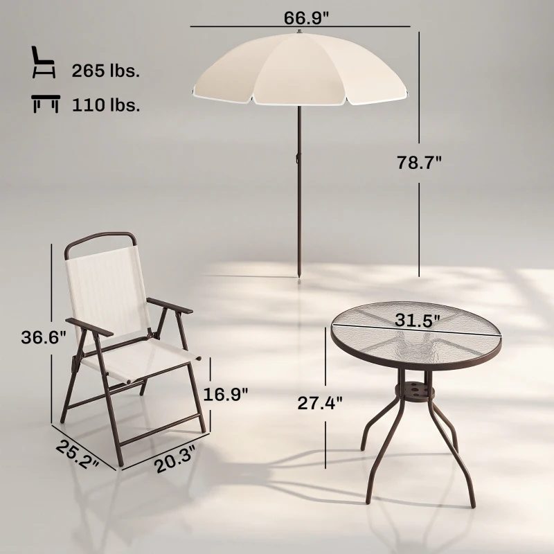 Outsunny 6 Piece Patio Dining Set for 4 with Umbrella, Outdoor Table and Chairs with 4 Folding Dining Chairs & Round Glass Table for Garden, Backyard and Poolside, Beige