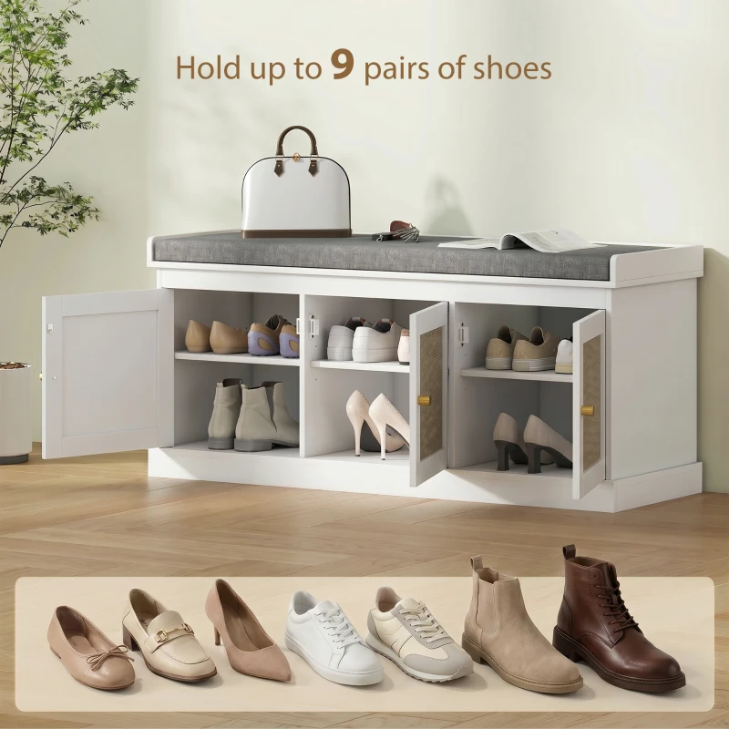 HOMCOM Shoe Storage Bench with Woven Rattan Doors, Shoe Bench with Cushion, Adjustable Shelves, Entryway Bench, White
