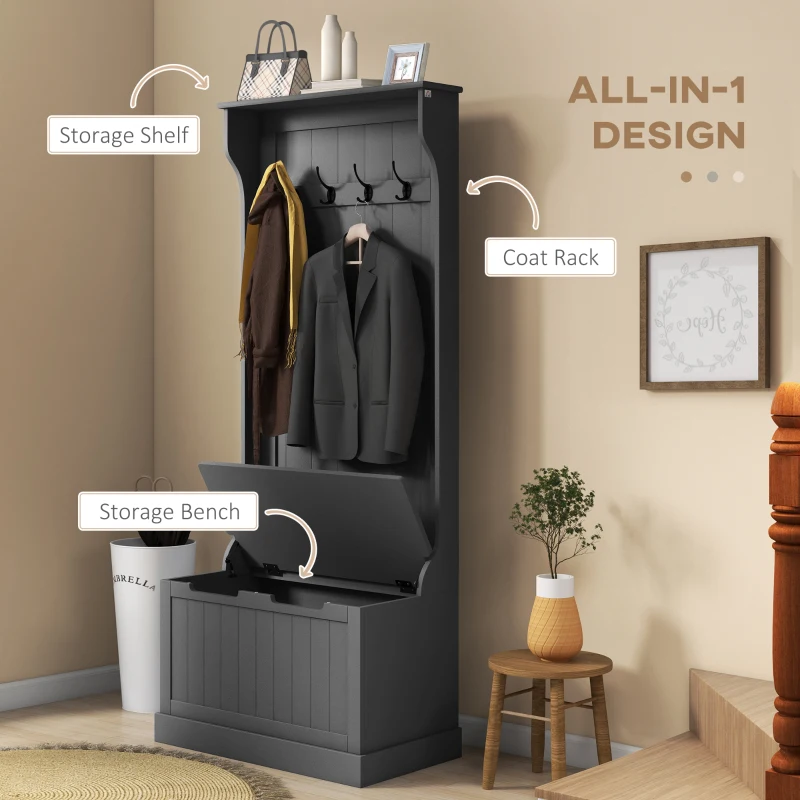 HOMCOM Entryway Hall Tree with Coat Rack and Sitting Bench, Mudroom Bench with Storage and Hooks, Black