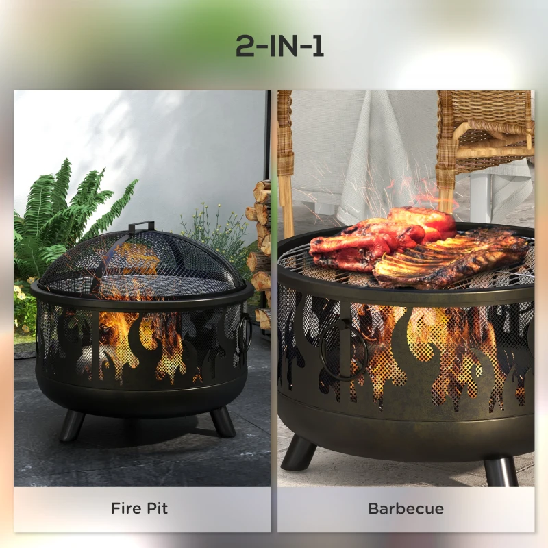 Outsunny Outdoor Metal Fire Pit, 24" Round Firepit Bowl w/ Lid Grill Poker Handles for Garden, Camping, BBQ, Bonfire, Black