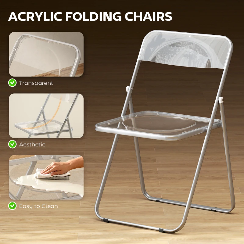HOMCOM 4 Pack Acrylic Foldable Chairs, Transparent Folding Chairs for Living Room, Home Office, Party, Clear