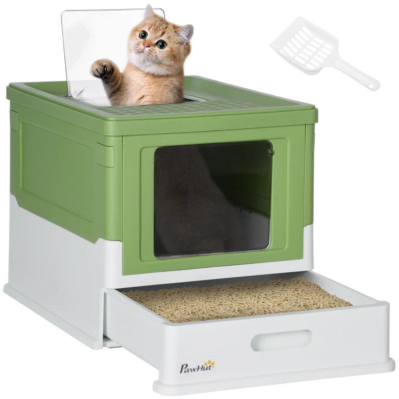 PawHut Fully Enclosed Cat Litter Box with Front Entry, Top Exit, Yellowish Green