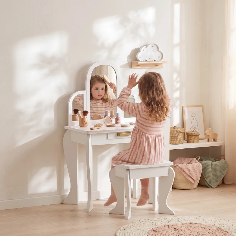 Qaba Kids Dressing Table and Chair Set, Girls Dressing Set, Makeup Desk with Drawer for 3-6 Years Old Kids, White