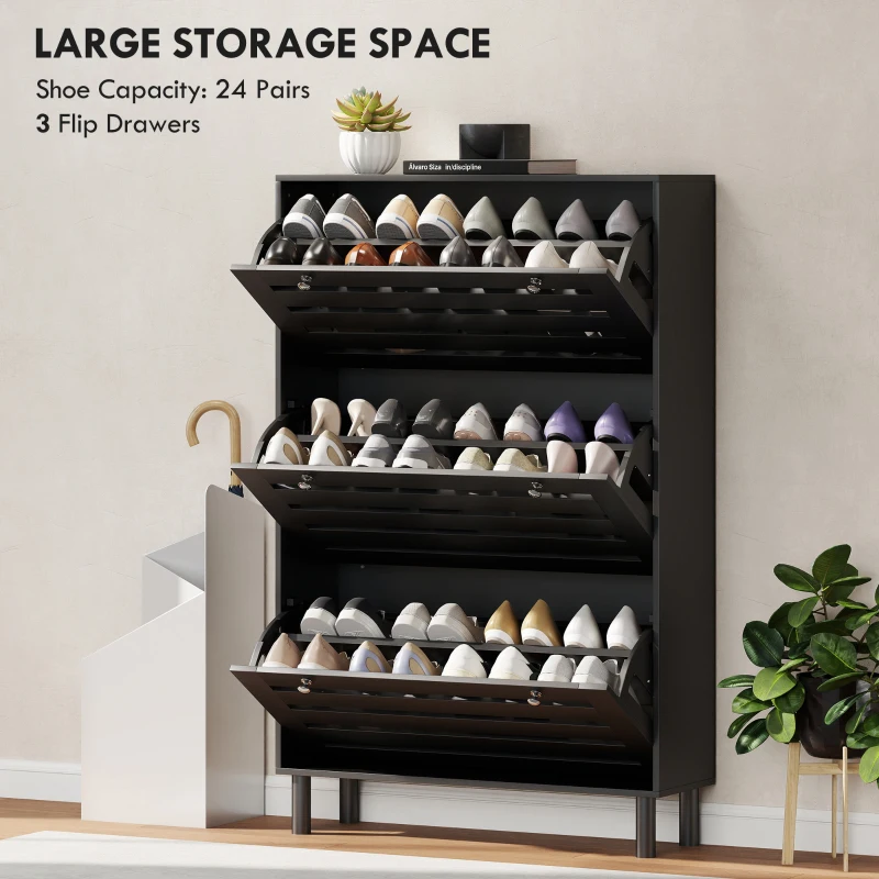 HOMCOM Narrow Shoe Storage Cabinet, 3 Flip Drawers, Adjustable Shelves, 18-24 Pairs Capacity, Black