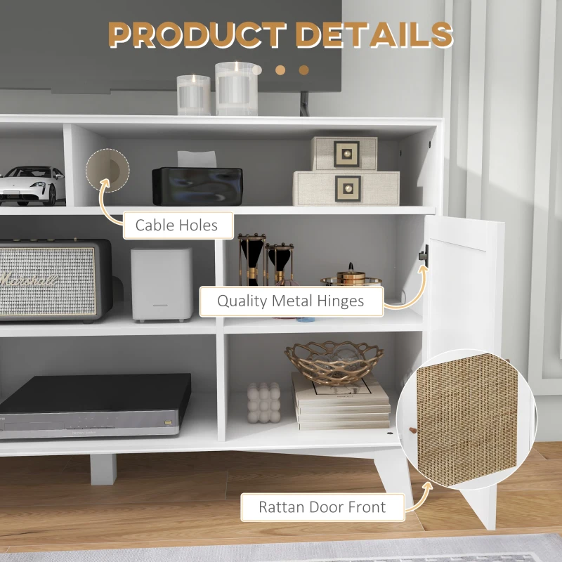 HOMCOM TV Stand Cabinet for 65-Inch, TV Table with 2 Rattan Doors, Television Stand with Adjustable Shelves, 4 Open Shelves