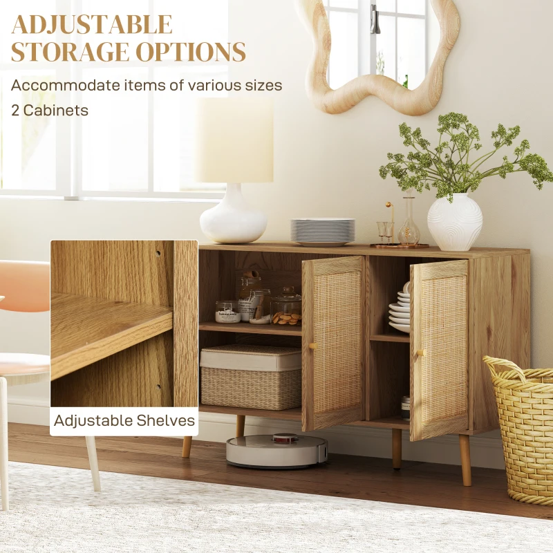 HOMCOM Bohemian Sideboard with Rattan Doors & Adjustable Shelf, Natural Wood Finish