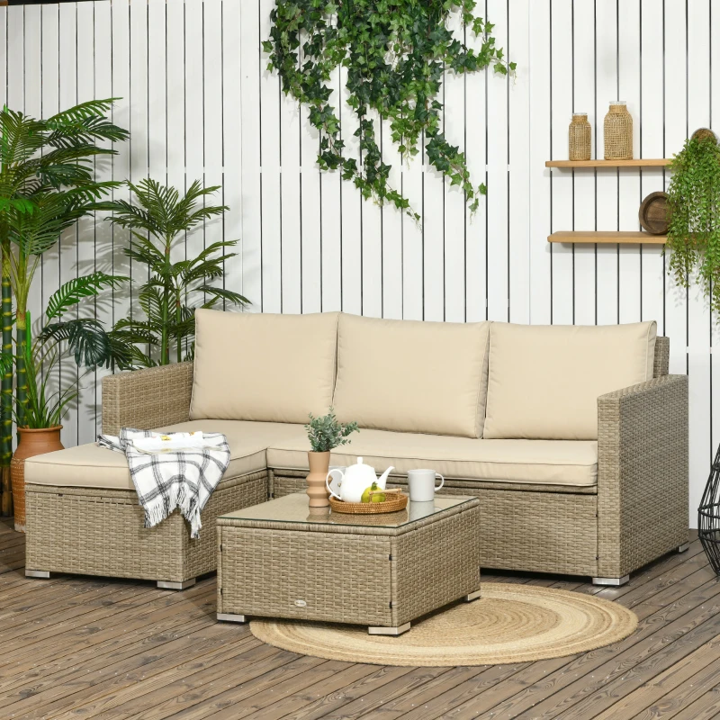 Outsunny 3 Piece Sectional Patio Furniture Set, Outdoor Wicker Rattan Sofa Couch with Table, Storage, 52.75"x30"x29.5", Khaki