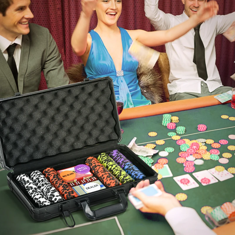 Soozier 300PCs 14 Gram Clay Poker Chips Set Casino Poker Chips with Aluminum Case, Playing Cards, Dealer Button, 5 Dices