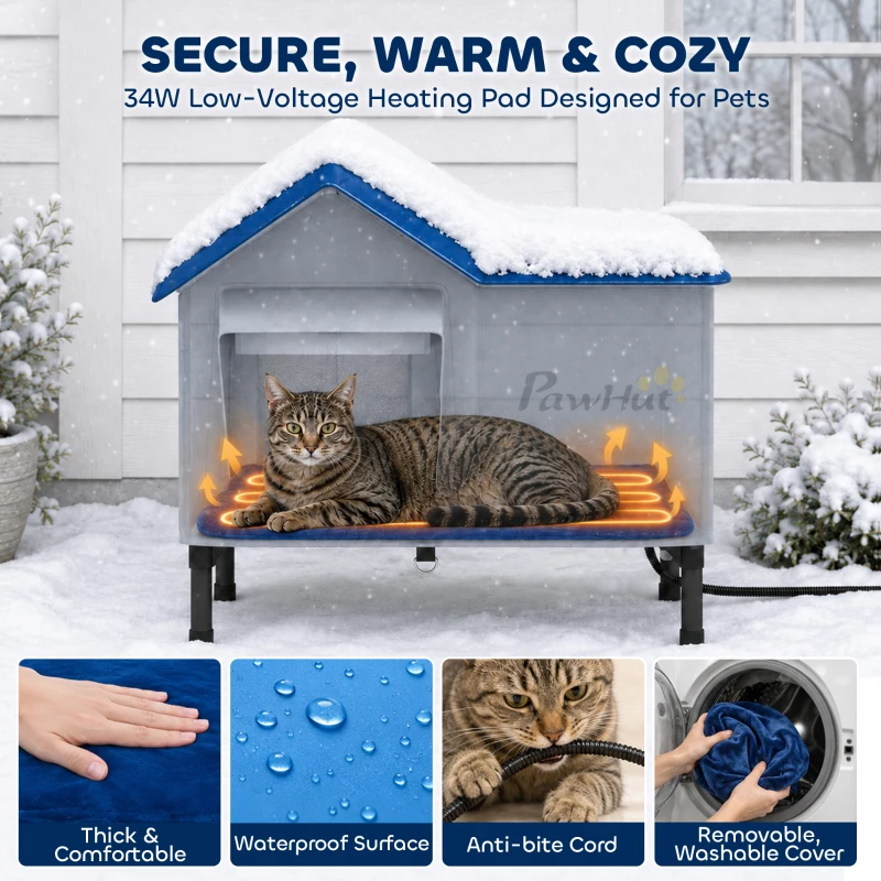 PawHut Heated Cat House Weatherproof with Heating Pad, Elevated Base, Safe Escape Door, for Stray, Barn Cats