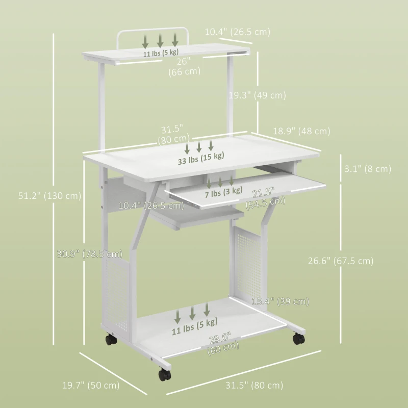 HOMCOM 32" Mobile Computer Table, Rolling Study Desk for Home Office with Keyboard Tray, Storage Shelves, Wheels, White