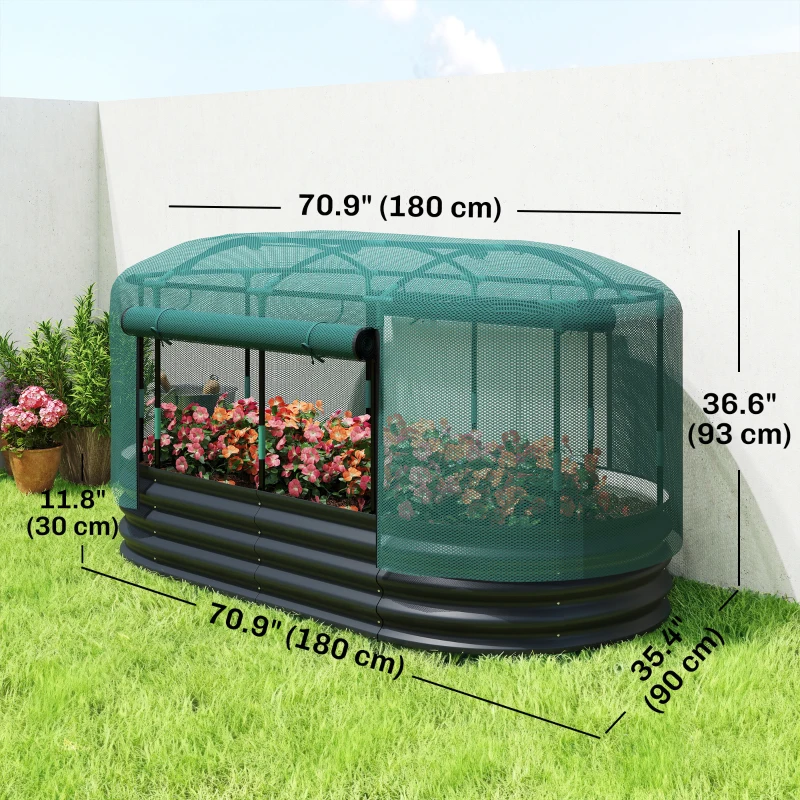 Outsunny 6' x 3' Galvanized Raised Garden Bed with Crop Cage Net Cover and Watering System, Outdoor Planter Box, Dark Grey