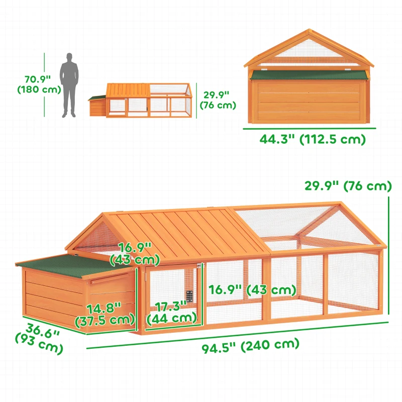PawHut 95"L Chicken Run Large Chicken Coop with Nesting Box Wooden Roof Side Door for Outdoor 4–8 Chickens