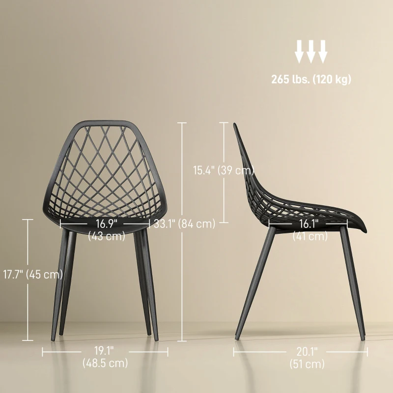 HOMCOM Modern Dining Chairs Set of 4, Plastic Kitchen Chairs with Hollow Backrest and Metal Legs for Living Dining Room, Black