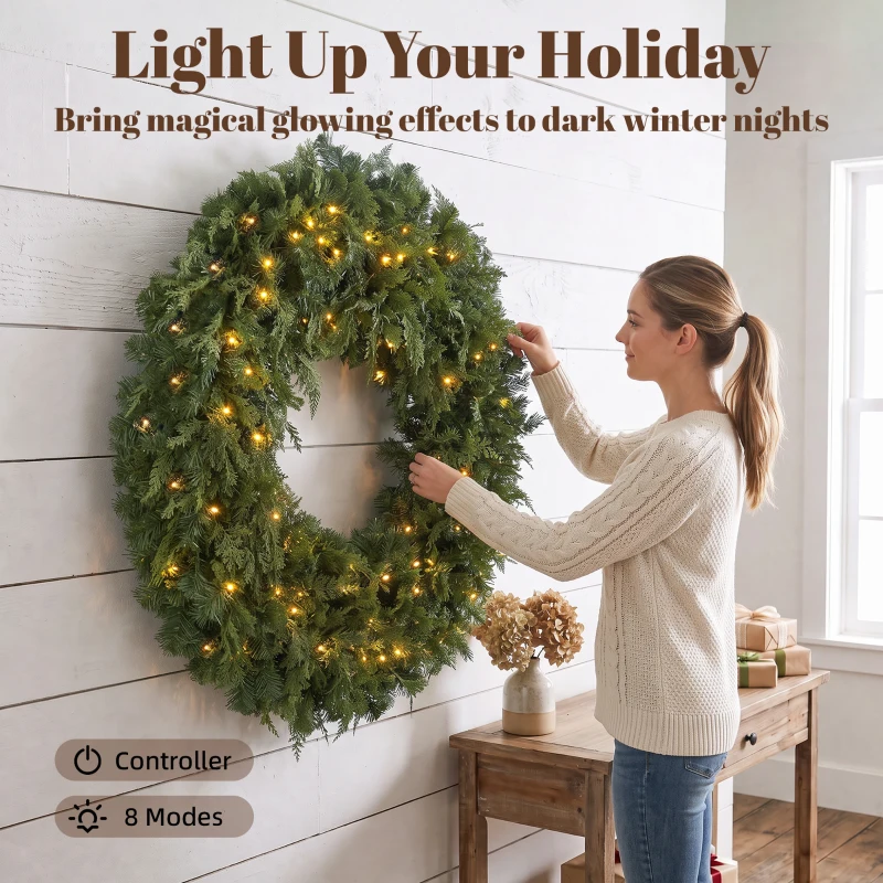 HOMCOM 48" Prelit Crestwood Spruce Artificial Christmas Wreath, Christmas Decor with Bow, LEDs, 8 Modes, Realistic Tips