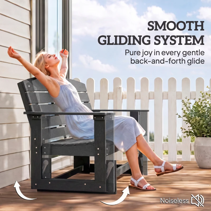 Outsunny Patio Glider Bench w/ HDPE Slatted Double Rocking Chair, Black