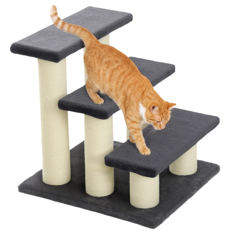PawHut Cat Trees 3 Tier Pet Stairs Dog Cat 3 Steps Kitty Scratching Post Cat Scratch Furniture Dark Grey