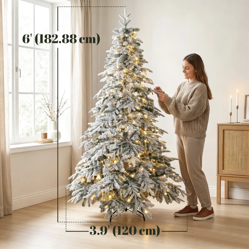 HOMCOM 6ft Prelit Flocked Christmas Tree, Downswept Hinged Xmas Tree with LED Lights, 8 Modes, Daily Timer, Remote