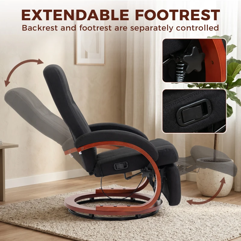 HOMCOM Manual Recliner Chair for Adults, Adjustable Swivel Recliner with Footrest, Padded Arms and Wood Base for Living Room, Black