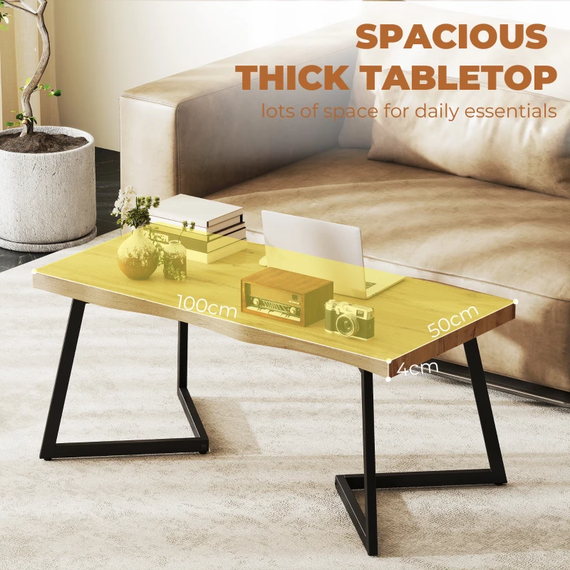 HOMCOM Coffee Table Curved Thick Top Living Room Accent Table Black Metal Legs, 39.4" x 19.7" x 17.7", Oak