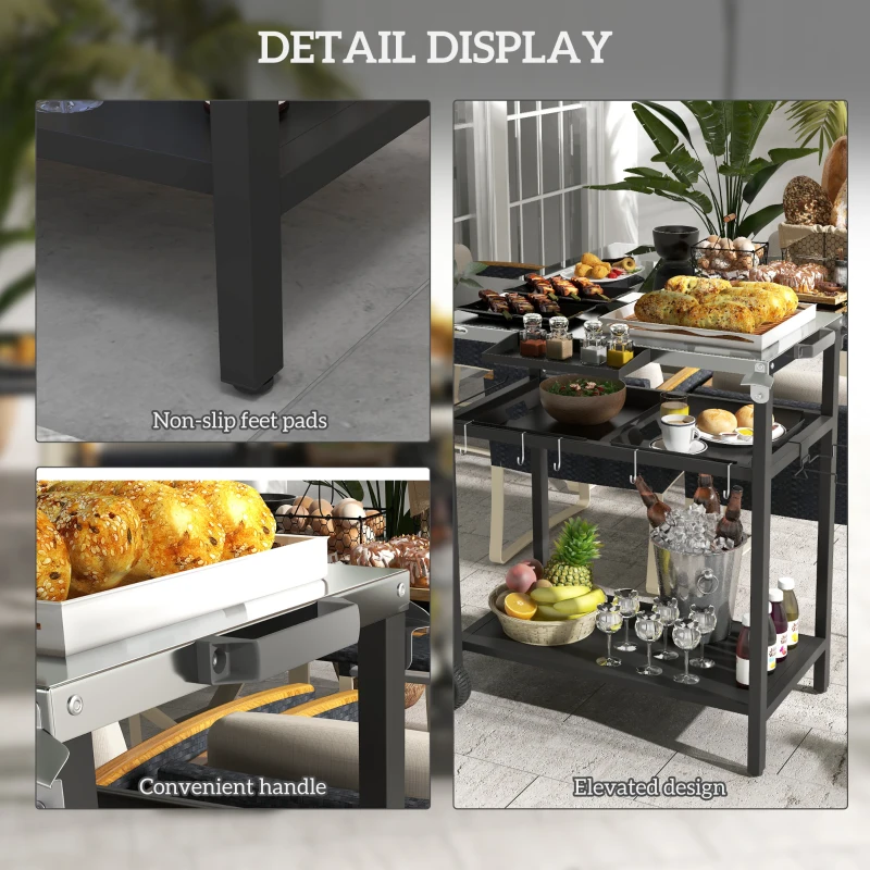 Outsunny 2-Tier Shelf Outdoor Bar Cart, Stainless Steel Tabletop Patio Serving Cart with Accessories for Poolside, Garden, Black