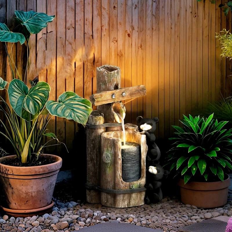 Outsunny 22.8" Water Fountain, 3-Tier Resin Bears on Log Outdoor Waterfall Fountain with LED Lights, Pump