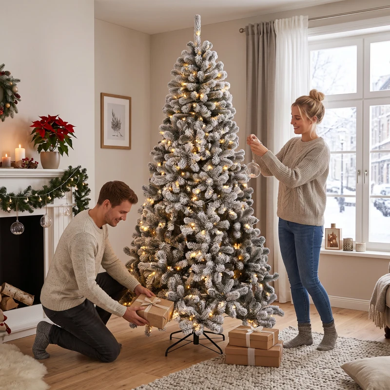 HOMCOM 7.5ft Flocked Prelit Christmas Tree, Northern Pine, Artificial Xmas Tree with Curved Tips, LEDs