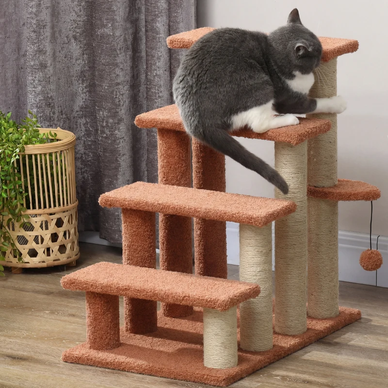PawHut 4 Levels Cat Steps with Scratching Posts for High Bed, Sofa, Brown