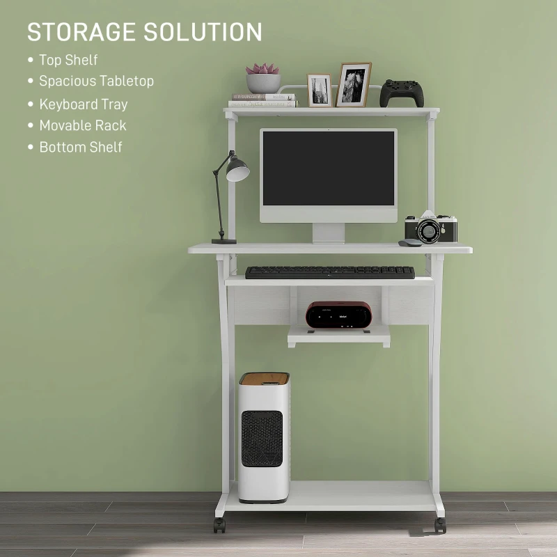 HOMCOM 32" Mobile Computer Table, Rolling Study Desk for Home Office with Keyboard Tray, Storage Shelves, Wheels, White