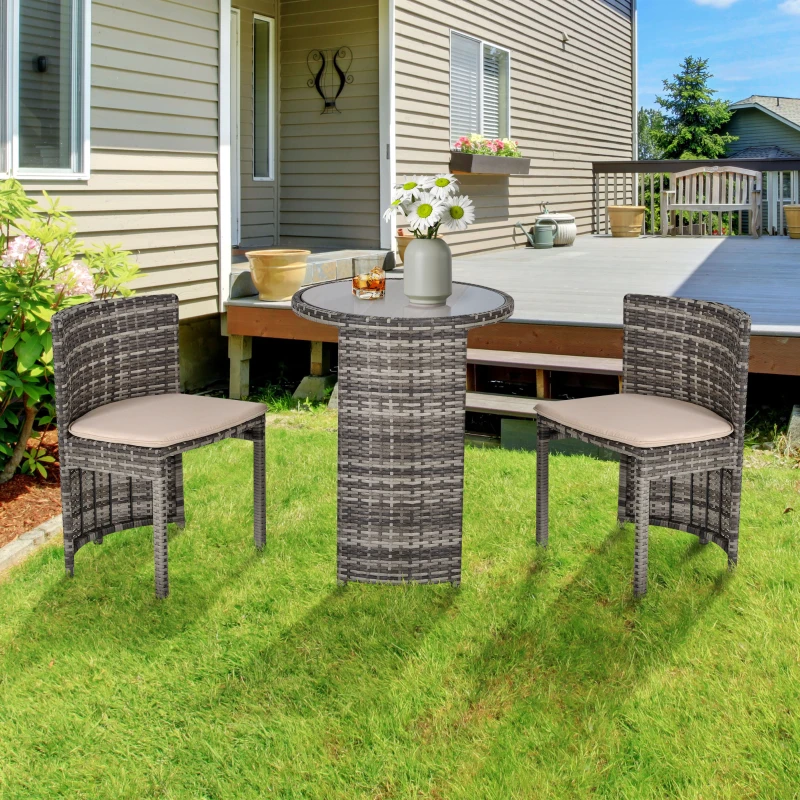 Outsunny 3 PCS Outdoor Rattan Wicker Bistro Set with Storage Shelf, Glass Top Table, Soft Cushioned Chairs and Space Saving Design, Patio Conversation Set for Garden Backyard Porch, Grey
