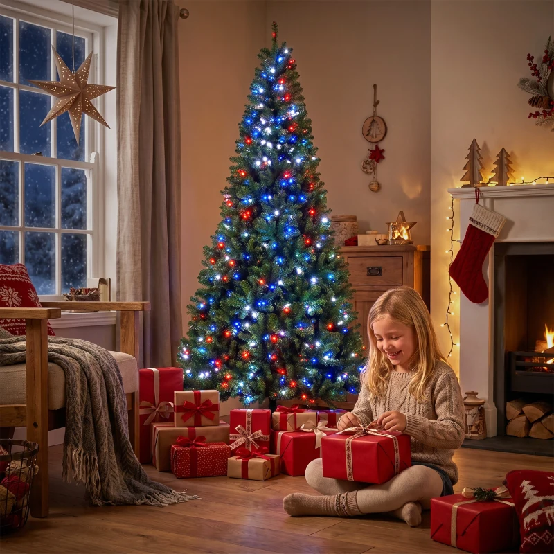 HOMCOM 9ft Prelit Christmas Tree with RGB Dynamic LEDs, Remote Control, Daily Timer, Hinged Xmas Tree, Easy Assembly