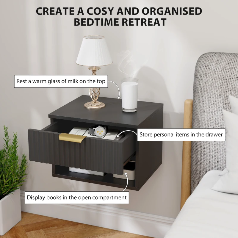 HOMCOM Floating Nightstands, Wall Mounted Bedside Tables Set of 2 with Drawer and Open Shelf, Black