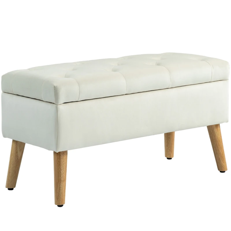 HOMCOM Storage Ottoman with Lid, Velvet Upholstered Storage Bench with Wood Legs for Living Room, Cream White