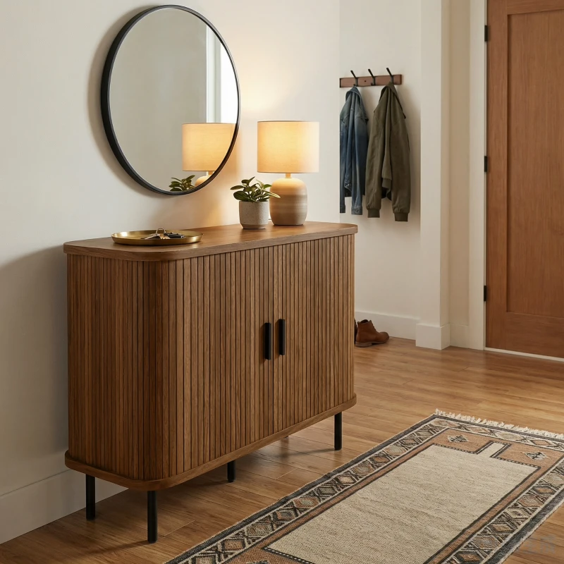 HOMCOM 35.4" Sideboard Buffet Cabinet with Storage, Nordic Coffee Bar Cabinet with Slatted Tambour Doors and Metal Legs, Walnut