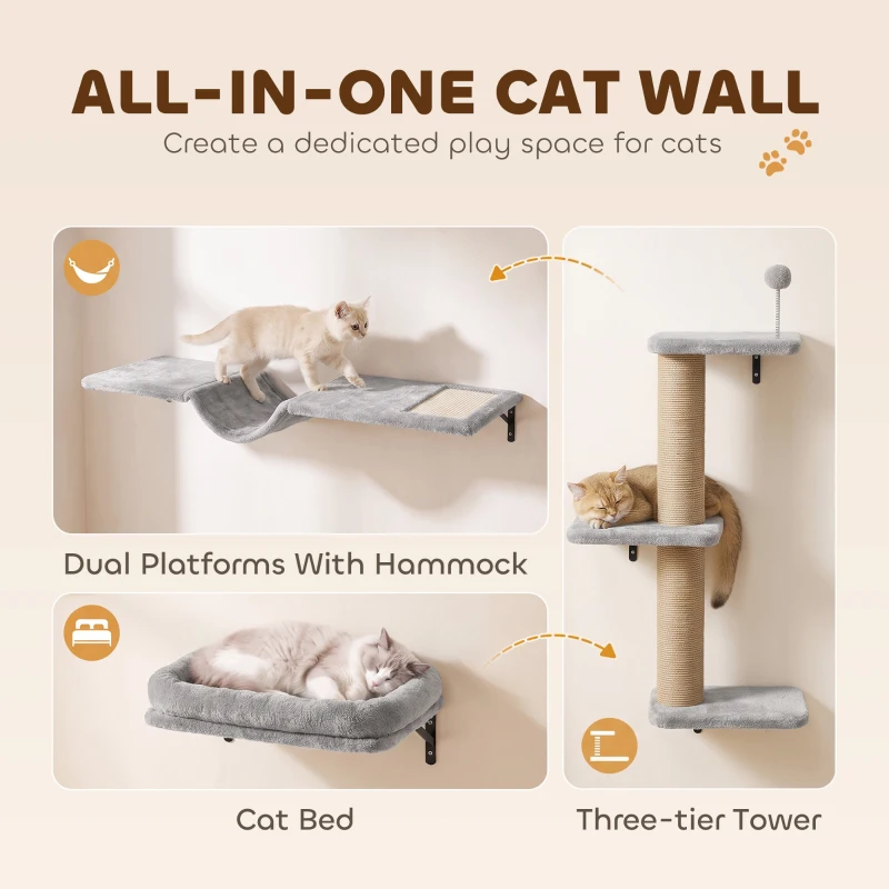 PawHut Cat Wall Shelves, 3-in-1 Wall-Mounted Cat Climber Set w/ Bed, Platforms, Hammock, Scratching Posts and Spring Ball