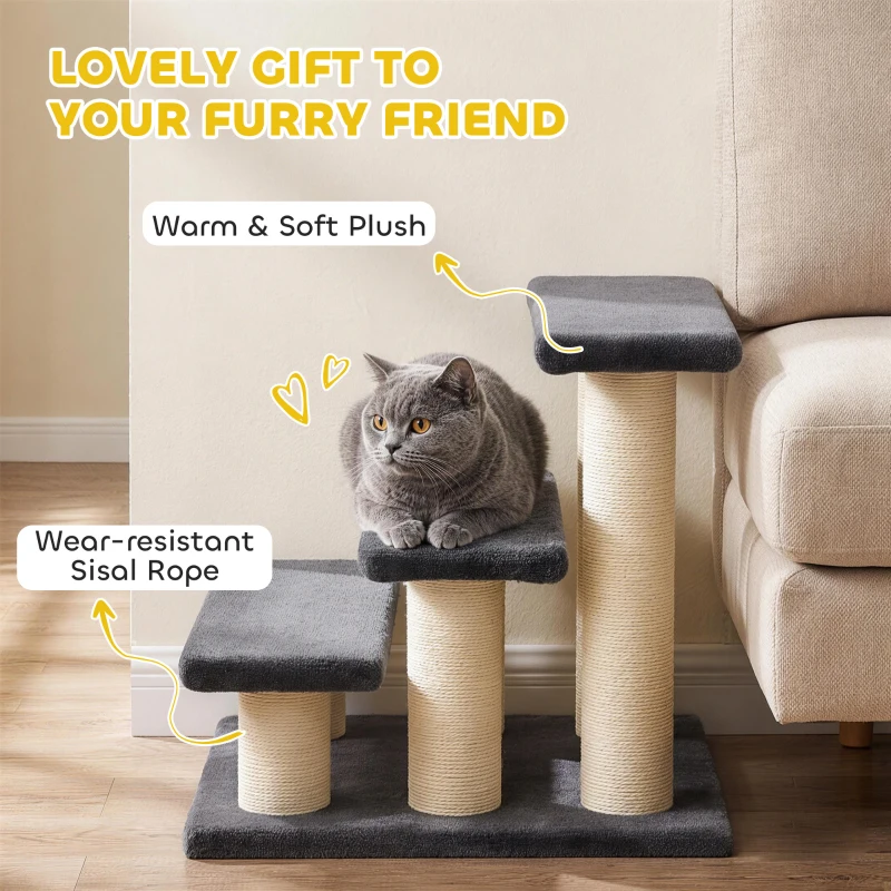 PawHut Cat Trees 3 Tier Pet Stairs Dog Cat 3 Steps Kitty Scratching Post Cat Scratch Furniture Dark Grey
