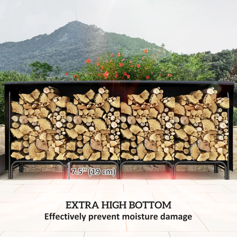 Outsunny 8ft Outdoor Firewood Rack with Cover, Adjustable Wood Storage Holder, Indoor Outdoor Log Rack, Black
