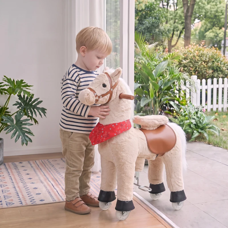 Qaba Ride on Horse for Kids 2+ Years, 29.5" Height Plush Ride On Pony with Rotatable Head and Neighing Sounds, Light Brown
